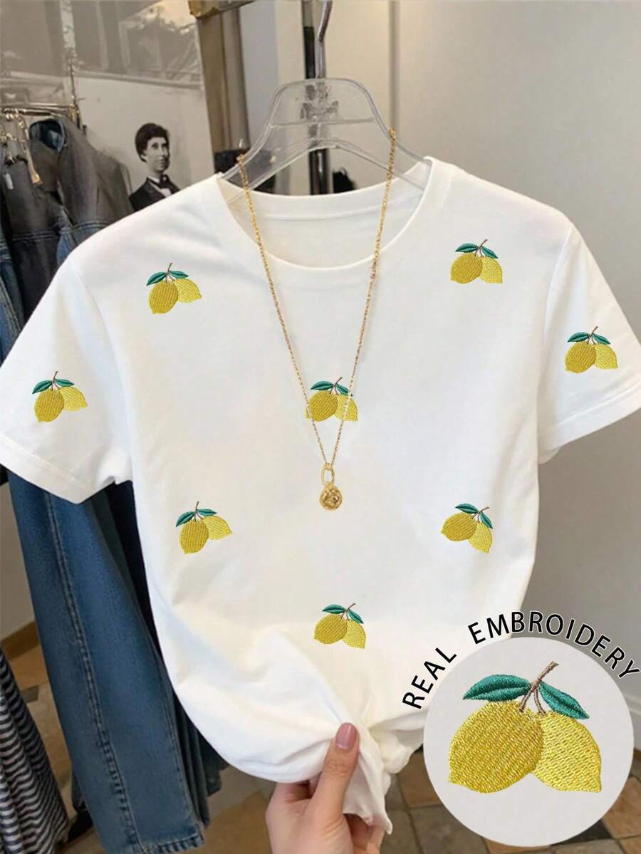 SHEIN Camiseta de manga corta casual de mujer con bordado de limón, para verano - Blanco - Ver 1