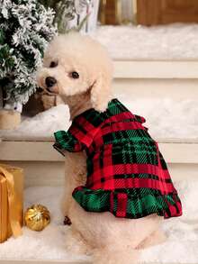 PETSIN 1pc Christmas Pet Red & Green Plaid Puff Sleeve Dress - Multicolor - View 4
