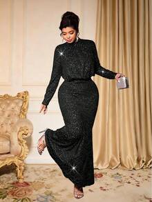 Cravure Plus Size Women's Autumn/Winter Knitted Glitter Fabric Round Neck Gathered Shoulder Long Sleeve Cinched Waist Flared Hem Casual Elegant Party Dress