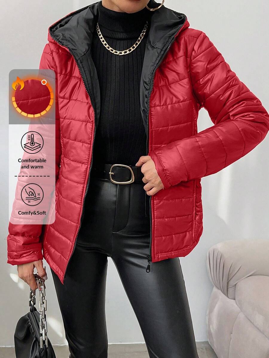 RueChic Regular Fit Pocket Design Women's Padded Coat - Red - View 1