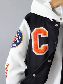 Young Boy Letter Print Single-Breasted Casual Baseball Jacket, Autumn/Winter - Black and White - View 4