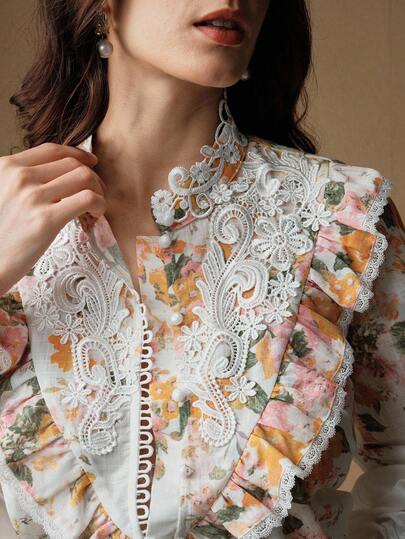 Anewsta 女式花卉印花立领前片长袖衬衫