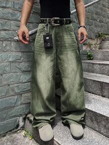 Manfinity EMRG 男士时尚复古水洗阔腿牛仔裤 - 綠色 - 查看 5