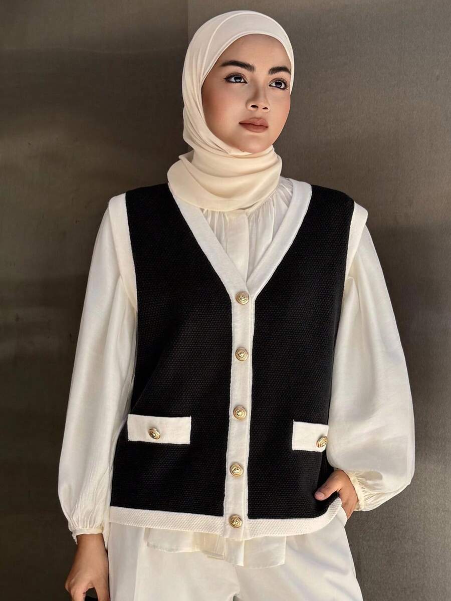 DAZY Gilet sans manches décontracté à couleurs contrastées pour femmes, mode modeste d'automne