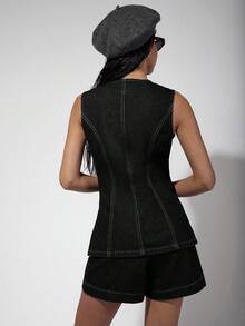 COSMINA 女士单排扣背心短裤休闲宽松牛仔套装 - 黑色 - 查看 2