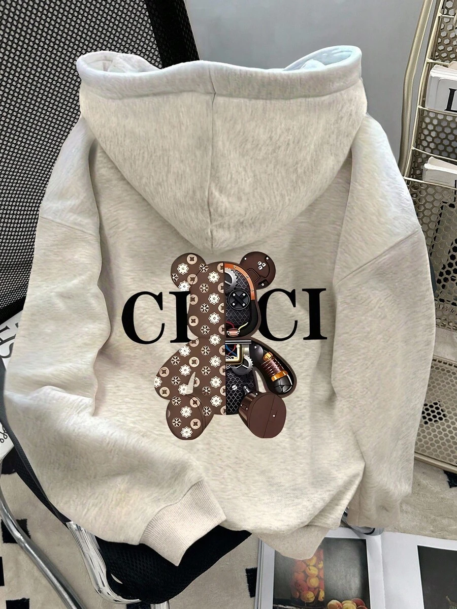 SHEIN 女士休闲熊与字母印花落肩卫衣，秋冬款 - 淺灰色 - 查看 1