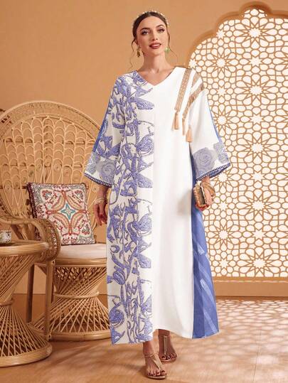 Al Najma 女式不对称随机花卉印花拼接宽松阿拉伯风格连衣裙