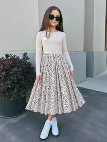 Emery Rose Kids Emery Rose Kids 青少年女孩针织纯色拼布花卉休闲 A 字连衣裙，舒适柔软的服装 - 米色 - 查看 2