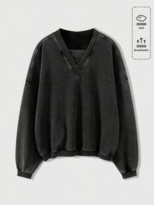 ROMWE MEN Men's Solid Color V-Neck Drop Shoulder Long Sleeve Casual Pullover Sweatshirt, Autumn/Winter - Black - View 4