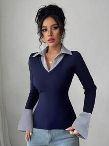 SHEIN Raffinéa Blue Striped Print Contrast Women's Simple V-Neck Polo Collar Stretch Base Slim Top Women Casual Club Business Casual Concert Office Old Money Style Slim Fit Casual Daily Sexy Party Street Vacation Travel Date Spring/Summer/Autumn/Winter New Long Bell Sleeve T-Shirt