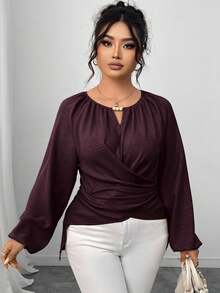 Elenzga Áo cánh tay đèn lồng cổ tròn đính hạt màu trơn cỡ lớn dành cho nữ - Màu Đỏ Sâu - Xem 6