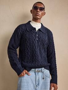 AKNOTIC 男士休闲麻花图案长袖Polo衫，秋冬季，圣诞节