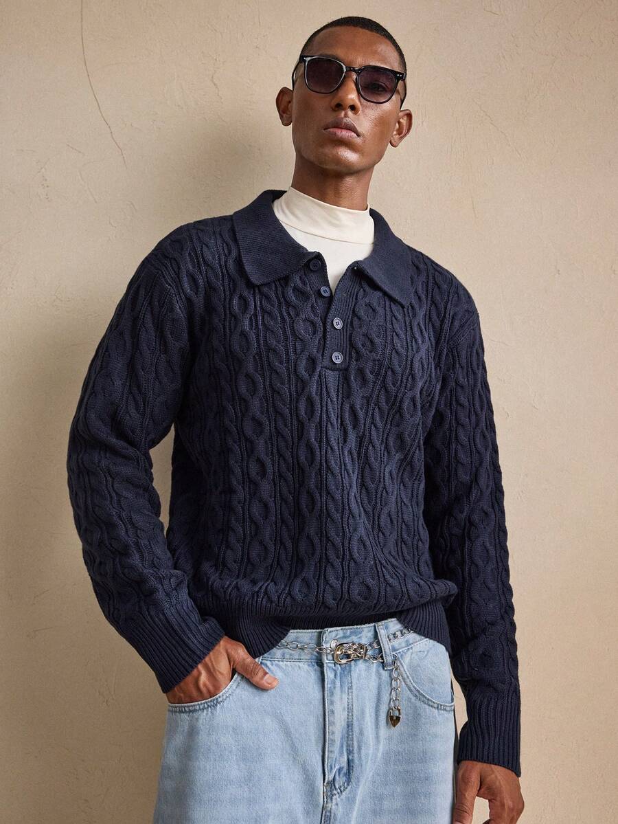 AKNOTIC 男士休闲麻花图案长袖Polo衫，秋冬季，圣诞节