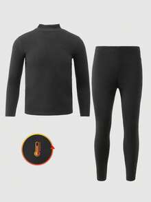 Vacaura 2pcs/Set Teenage Boys' Fleece Crew Neck Long Sleeve T-Shirt And Pants Casual Sports Outfit, Spring/Autumn/Winter - Black - View 1