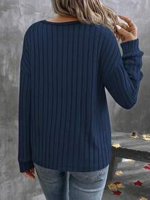 EMERY ROSE T-shirt décontracté à manches longues, col en V, épaules tombantes et côtelé, couleur unie, automne pour femmes - Bleu marine - Voir 2