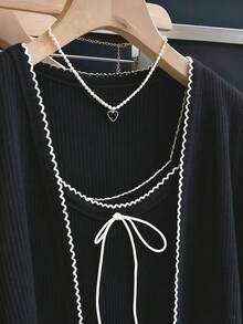 INAWLY Bộ 2 món áo hai dây và áo khoác cardigan thời trang nữ thanh lịch, giản dị, lãng mạn - màu đen - Xem 3