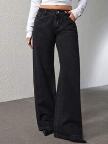 SHEIN PETITE 女士口袋宽松阔腿休闲百搭牛仔裤 - 黑色 - 查看 1
