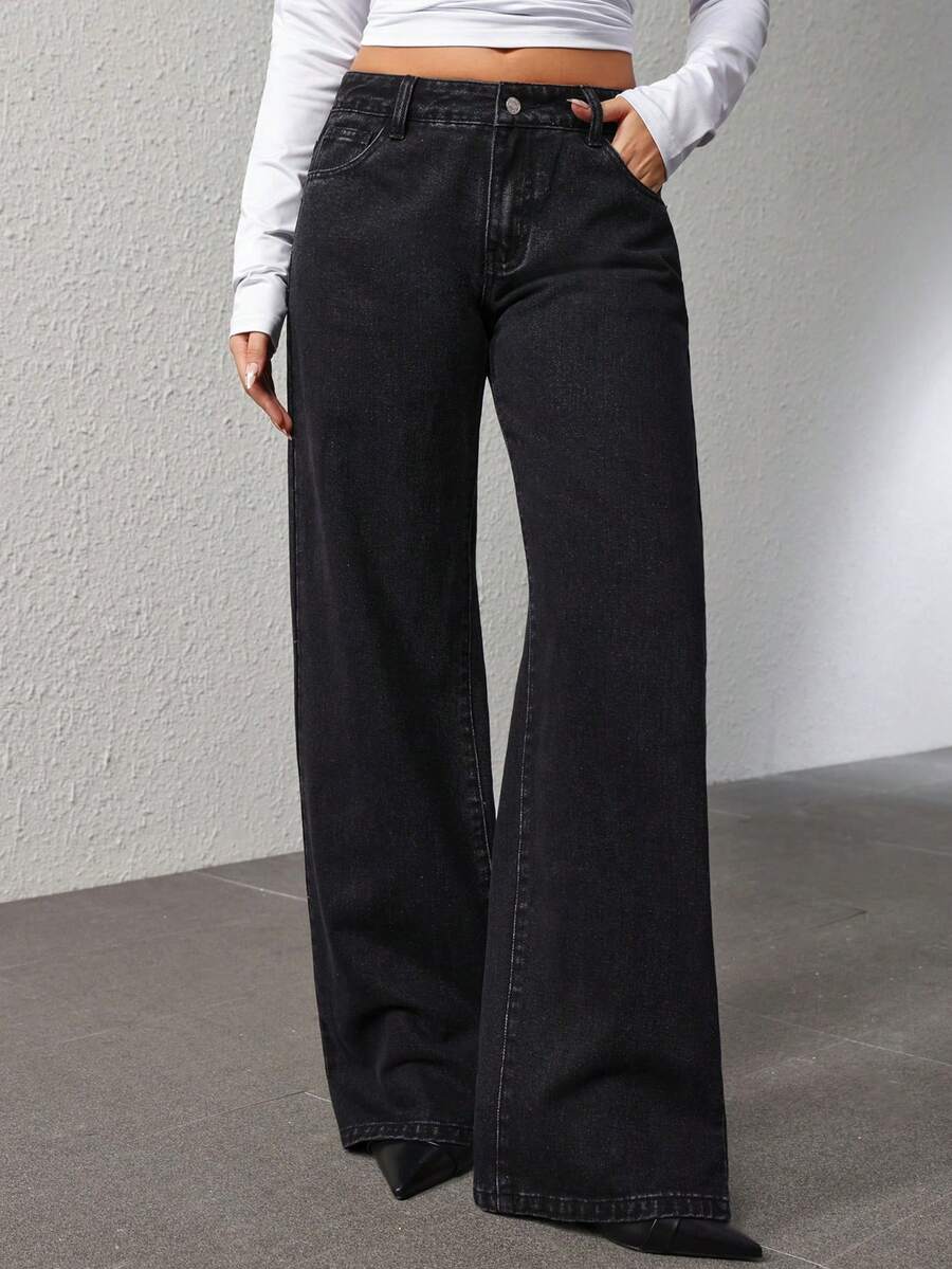 SHEIN PETITE 女士口袋宽松阔腿休闲百搭牛仔裤 - 黑色 - 查看 1