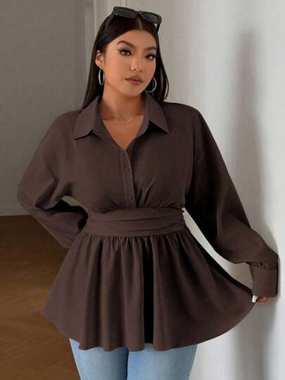 Vionelle Plus Size Khaki Minimalist Vintage Look Tie Waist A-Line Open Front Loose Shirt, Versatile For School, Work, Daily Peplum Top