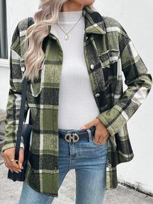 EMERY ROSE Women's Plaid Single-Breasted Casual Fleece Jacket, Autumn/Winter - Army Green - View 6
