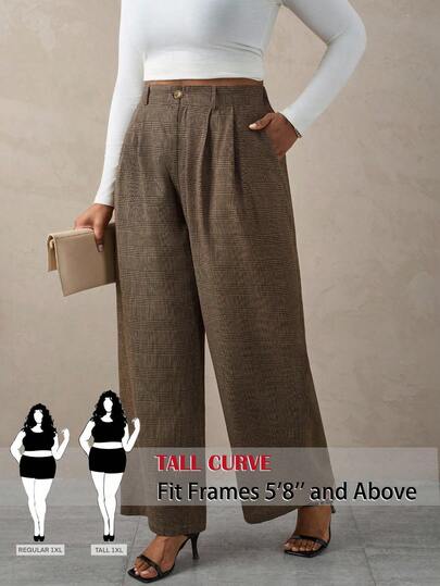 SHEIN Tall CURVE Pantalones de traje casual vintage con pliegues a cuadros, para otoño e invierno, graduación, regreso a la escuela, atuendos de maestras para mujeres de talla grande, pantalones de vestir de talla grande, pantalones para mujeres de talla grande y altura, pantalones de vestir de talla grande, pantalones a cuadros de talla grande, pantalones anchos de talla grande para mujeres