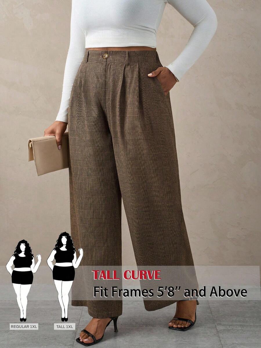 SHEIN Tall CURVE Plus Size Casual Vintage Pleated Plaid Suit Pants, Autumn And Winter Graduation,Back To School,Teacher Outfits For Women Dress Pants Women Plus Size Tall Women Pants Plus Size Dress Pants Plaid Pants Women Plus Size Wide Leg Pants Women Plus Size - Brown - View 1