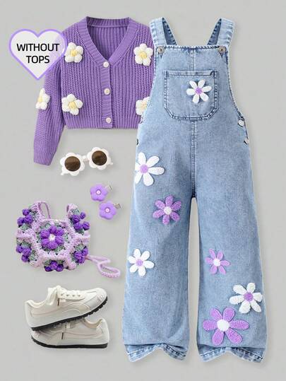 SHEIN ChillGRL Charming Young Girls Long Light Wash Denim Overalls Adorned With Cartoon Flowers Sleeveless Design And Pockets For A Cute Style 90s Kids Outfit Purple Girl Outfit Purple Kids Outfits Lavender Outfit For Toddler Girls
