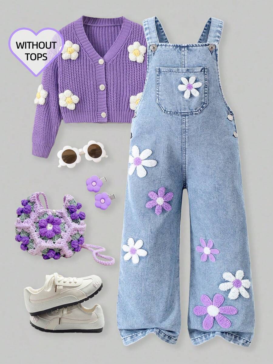 SHEIN ChillGRL Charming Young Girls Long Light Wash Denim Overalls Adorned With Cartoon Flowers Sleeveless Design And Pockets For A Cute Style 90s Kids Outfit Purple Girl Outfit Purple Kids Outfits Lavender Outfit For Toddler Girls