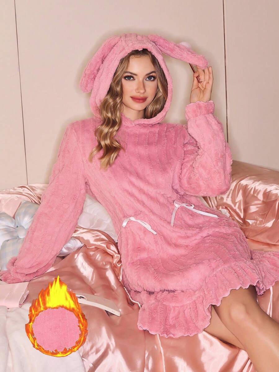SweetSlumber SweetSlumber Plush Loose Fit Casual Dress For Women, Autumn/Winter Cute Lounge Set Bunny Hoodie Lounge Set Pink Fluffy Lounge Set Fluffy Pjs Pink Sleepwear Cute Sleep Wear Women Pink Lounge Set, Fall Winter, Cozy Outfit