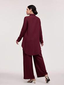 Veilorie Bộ 2 món áo sơ mi ren tay dài cài nút và quần ống rộng thường ngày cho nữ - Màu Đỏ Sâu - Xem 5