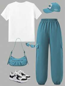 SHEIN Sparklyn مجموعة بنطلون وتي شيرت للبنات المراهقات، تي شيرت بطبعة بورتريه وياقة دائرية وأكمام قصيرة، وبنطلون بجيوب واسع الساق، ملابس عصرية للاستخدام اليومي والخروج - الأزرق - مشاهدة 2
