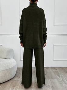 SHEIN Tall 2pcs High Neck Drop Shoulder Sweater And Ribbed Solid Color Sweater Pants - Army Green - View 2