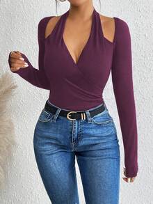 Rafferiza Women's Solid Color Cutout Design Long Sleeve Sexy Bodysuit - Red Violet - View 5