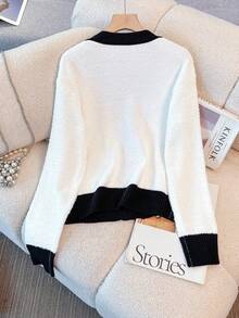 Franclia Women's Loose V-Neck Long Sleeve Knitted Contrast Trim Dual Pocket Design Cardigan, Black & White, Autumn/Winter Going Out Tops For Women Winter White Top Casual - Black and White - View 2