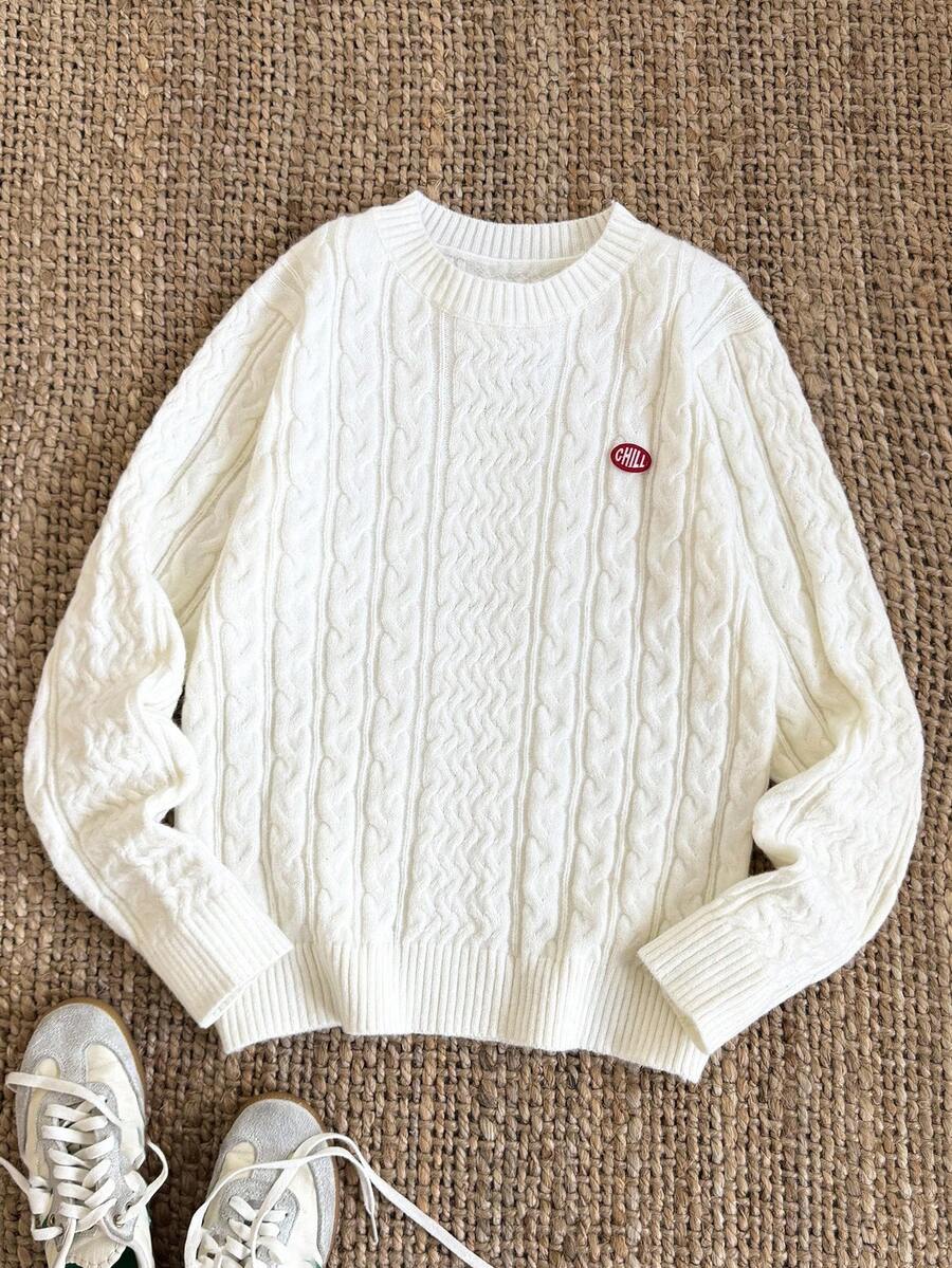 Manfinity VCAY 标准尺寸男士休闲扭绳针织毛衣，长袖，适合秋冬 - 白色 - 查看 1