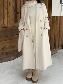 SHEIN EZwear 女士冬季双排扣长款大衣，带围巾设计，秋冬季奶油色大衣，舒适保暖 - 杏色 - 查看 5