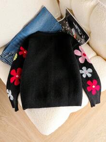 Mädchen bunte Blumen Jacquard Strickjacke, modisch süßer Rundhalspullover in locker Passform, bequem und vielseitig für Herbst/Winter - Verschiedenfarbig - Übersicht 3