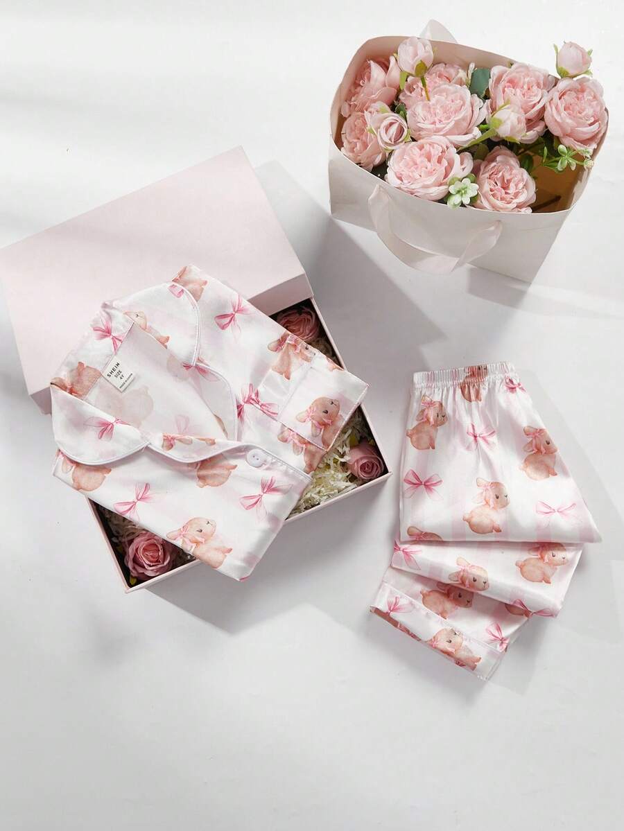 女童兔子蝴蝶结印花长袖上衣和裤子睡衣套装 - 彩色 - 查看 1