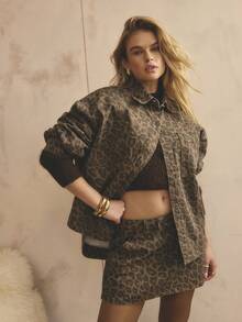 Aralina Chaqueta vaquera de mujer de manga larga con botones delanteros, estampado de leopardo y corte holgado - Multicolor - Ver 1