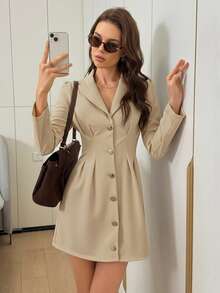 Easowa 优雅长袖西装连衣裙，棕色腰部收紧女式迷你连衣裙，秋冬 - 杏色 - 查看 2