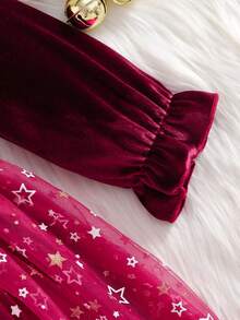 SHEIN Young Girl' Burgundy Autumn 7th Birthday Velvet Dress With Puff Sleeves,Tulle Skirt With White Printed Powder Decor Cute For Party Formal Occasions - Burgundy - View 4