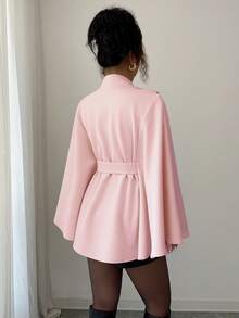 Selianne 女式纯色立领优雅斗篷羊毛大衣，秋冬 - 粉色 - 查看 2