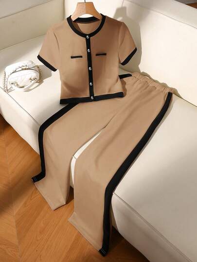 EMERY ROSE Women's Contrast Color Round Neck Short Sleeve Button-Up Top And Wide Leg Pants Casual 2 Pieces Set,Cozy Fall And Winter Clothes For Women