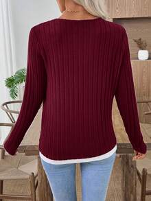 EMERY ROSE Women's Button Design Long Sleeve Ribbed Casual T-Shirt,Red Top,Fall,Fall Clothes For Women - Burgundy - View 2