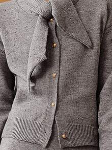 Uhlyne 女士简约教师装，时尚通勤风格，设计感十足，金色纽扣开衫搭配简约休闲A字裙，商务休闲两件套针织套装，秋冬 - 灰色 - 查看 8