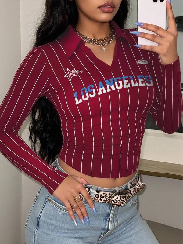 Rovax Plus Size Los Angeles, Line Monogram Print Burgundy Polo Neck Slim Long Sleeve T-Shirt With Side Drawstring, Suitable For Spring And Fall, Fashion T-Shirt, Aesthetic T-Shirt, Sibling Gift, Sister Gift, Mom Gift, Mother's Day Gift, Casual About Fashion Tops