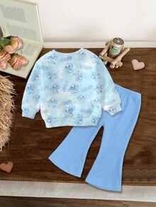 SHEIN 2件套女婴可爱卡通兔子露露，缝线图案，扎染蓝色卫衣和喇叭裤套装，休闲舒适厚实柔软，适合秋冬季穿着 - 彩色 - 查看 2