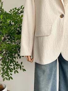 SHEIN LUNE Plus Size Single-Breasted Blazer For Women In Autumn And Winter, Suitable For Commuting, Autumn Casual Commuting Suit Jacket, Versatile Single Item, Apricot Suit Jacket, Women's Casual Waist-Length Long-Sleeved Lapel Thin Suit Jacket, Apricot, Autumn And Winter Old Money, Simple & Fashionable New Year Thanksgiving For Women Texture Fabric - Beige - View 2