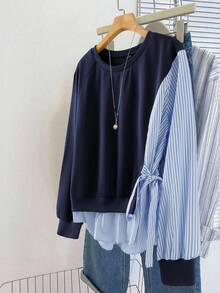 GlowEve CURVE 加大码女式纯色拼布条纹圆领长袖不对称系带时尚休闲家居服衬衫