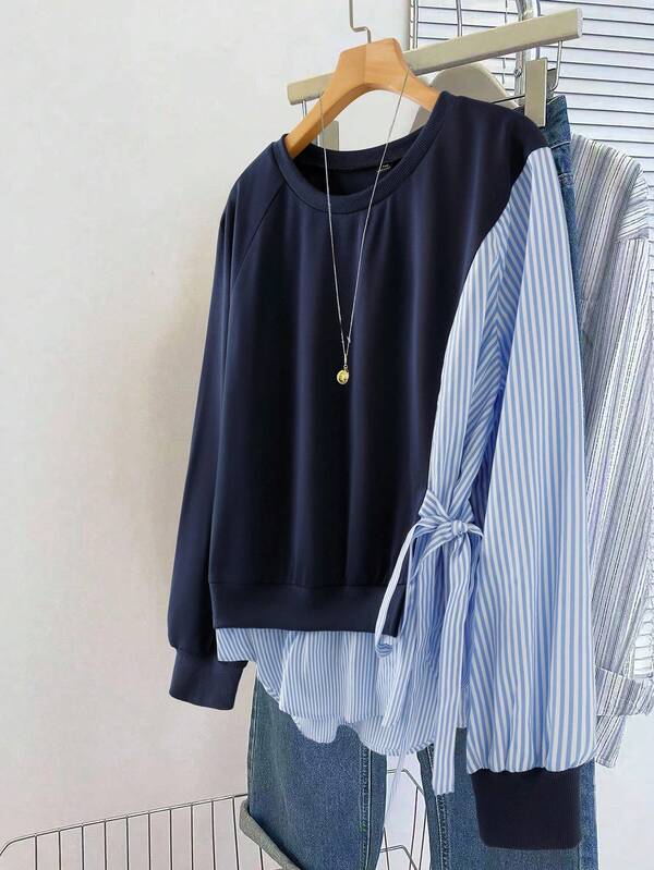 Regalyn Plus Size Women Solid Color Patchwork Striped Round Neck Long Sleeve Asymmetric Tie-Up Fashionable Casual Homewear Shirt